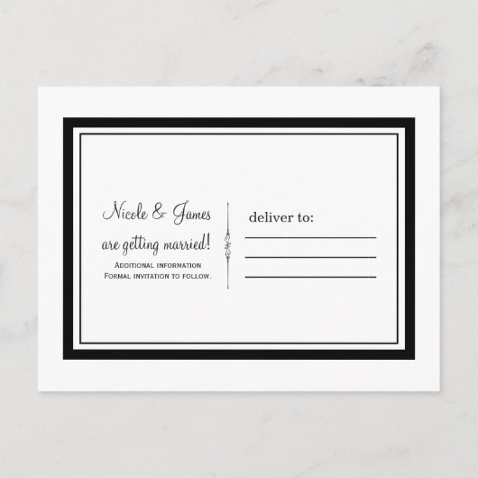 白と黒のエレガントでおしゃれなウェディング・セーブ・ザ・デート 案内ポストカード (裏面)