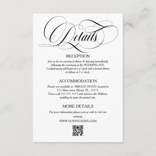 白と黒のエレガントなスクリプト結婚式の詳細 エンクロージャーカード (正面)