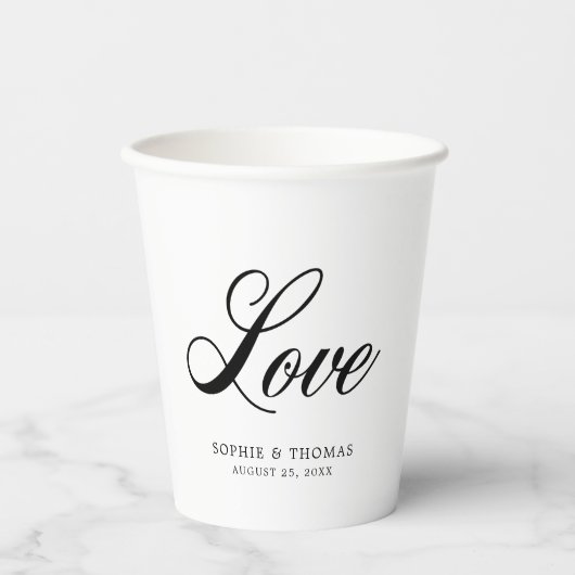白と黒のエレガントな筆記体ラブペーパーカップ 紙コップ (正面)