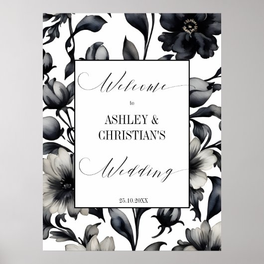 白と黒のエレガントな結婚式のウェルカムサイン ポスター (正面)