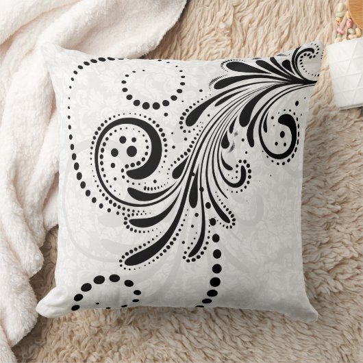 白と黒のエレガントフローラ旋回 クッション (ブランケット)