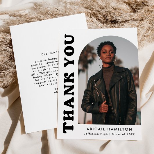 白と黒のオフセットアーチ写真卒業 サンキューカード