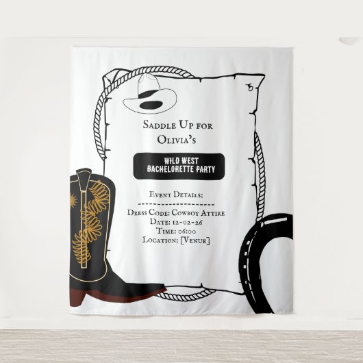 白と黒のカウガールハットブーツ バチェロレッテパーティー タペストリー (正面)