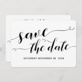 白と黒のカリグラフィー結婚式 Save The Date 招待状 (正面/裏面)