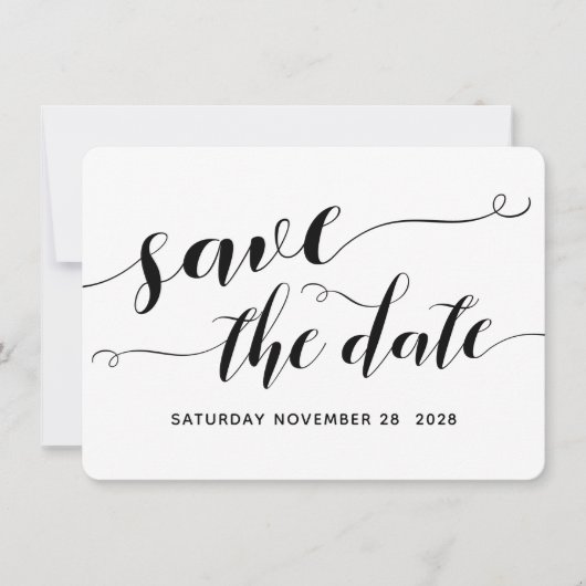 白と黒のカリグラフィー結婚式 Save The Date 招待状 (正面)