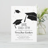 白と黒のキャップにゴールドのグリッターが輝く卒業式 招待状 (スタンド正面)