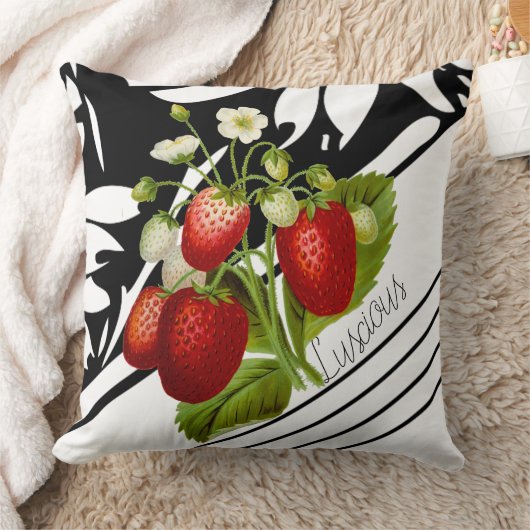 白と黒のグラフィックに甘美なイチゴ クッション (ブランケット)