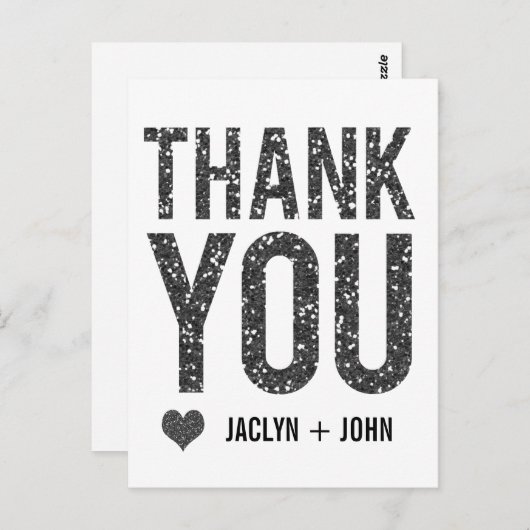 白と黒のグリッター ウェディング サンクス ポストカード (正面/裏面)