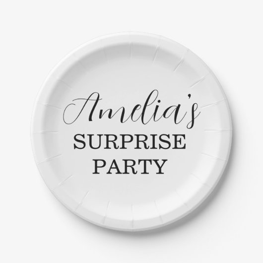 白と黒のサプライズ誕生日パーティーの招待状 ペーパープレート (正面)