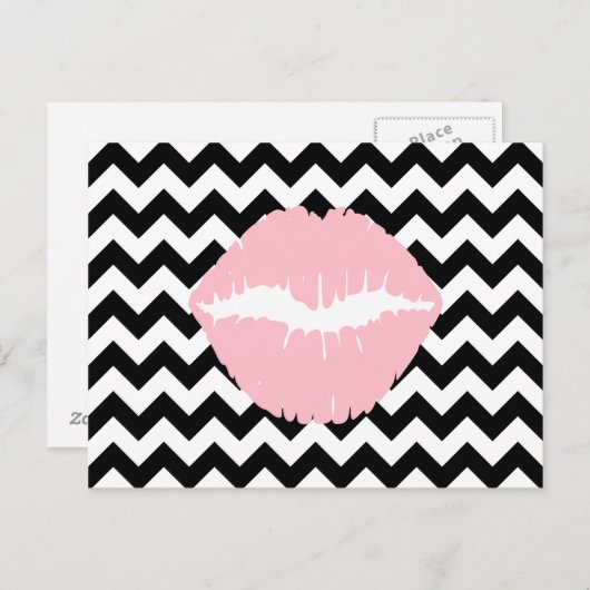 白と黒のジグザグのピンクの唇 ポストカード (正面/裏面)