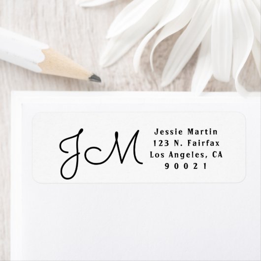 白と黒のスクリプトモノグラムの差出人住所 ラベル (インサイチュ)
