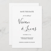 白と黒のスクリプト結婚式の日付を保存 セーブザデート (正面/裏面)