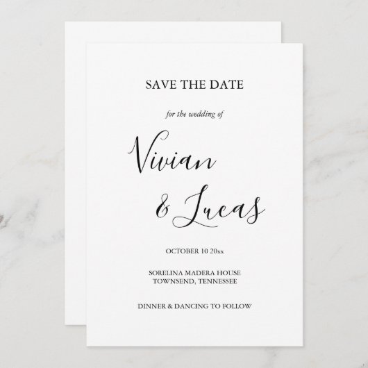 白と黒のスクリプト結婚式の日付を保存 セーブザデート (正面/裏面)