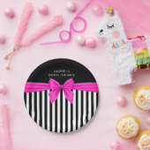 白と黒のストライプで熱いピンクのサテンの弓  ペーパープレート (パーティー)