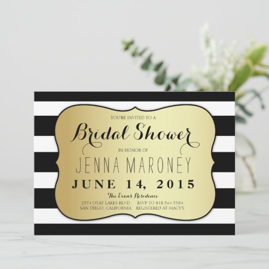 白と黒のストライプブライダルシャワー 招待状 (スタンド正面)