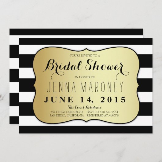白と黒のストライプブライダルシャワー 招待状 (正面/裏面)