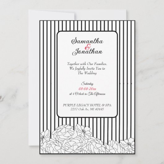 白と黒のストライプ花結婚- 招待状 (正面)