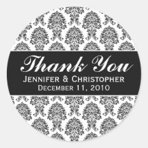 白と黒のダマスクの丸いウェディングラベル