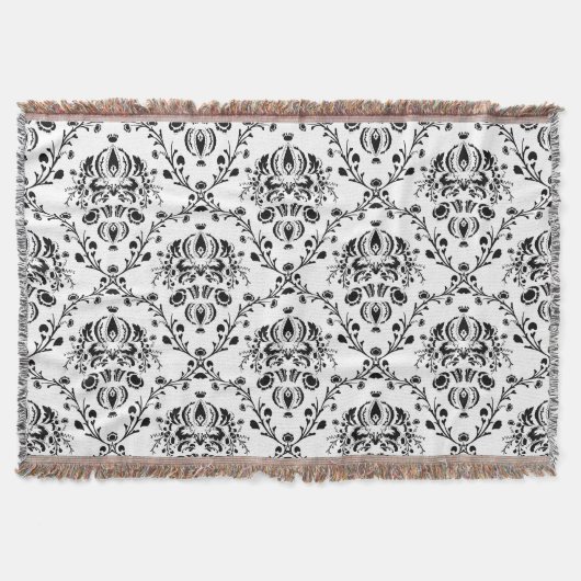 白と黒のダマスク スローブランケット (正面)