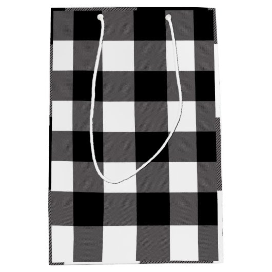 白と黒のチェック柄のスクエア バッファロープレイド ミディアムペーパーバッグ (正面)