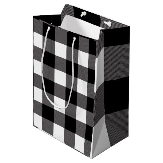 白と黒のチェック柄のスクエア バッファロープレイド ミディアムペーパーバッグ (正面アングル)