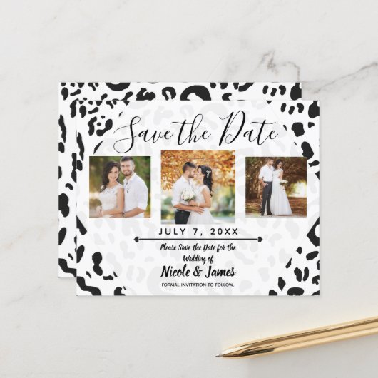 白と黒のチーター ヒョウの結婚予定日カード (正面/裏面インサイチュ)
