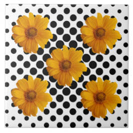 白と黒のドットタイルに日当たりの良い黄色の花 タイル