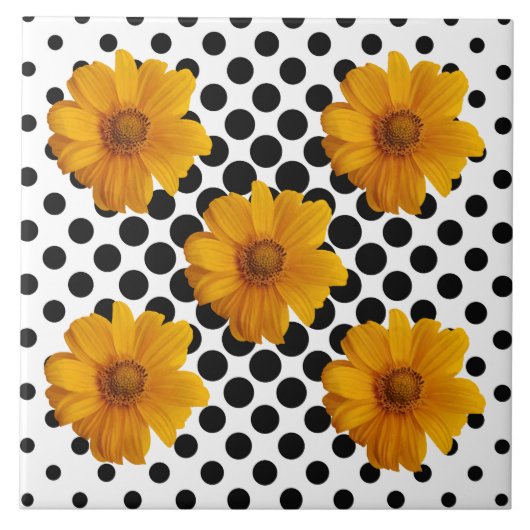 白と黒のドットタイルに日当たりの良い黄色の花 タイル (正面)