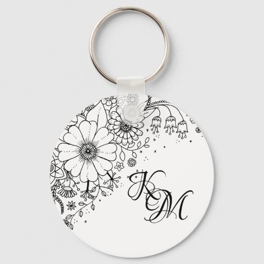 白と黒のドードルの花の写真 キーホルダー (正面)