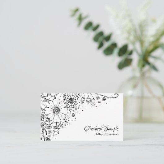 白と黒のドードルの花の写真 名刺 (スタンド正面)