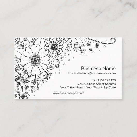 白と黒のドードルの花の写真 名刺 (裏面)