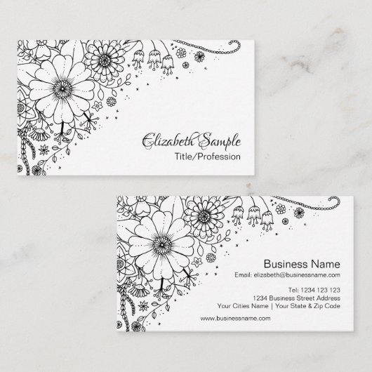 白と黒のドードルの花の写真 名刺 (正面/裏面)