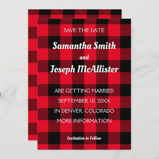 白と黒のバッファローのチェック日付を保存 招待状 (正面/裏面)