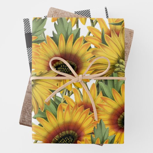 白と黒のバッファローの格子木のヒマワリ ラッピングペーパーシート (インサイチュ)