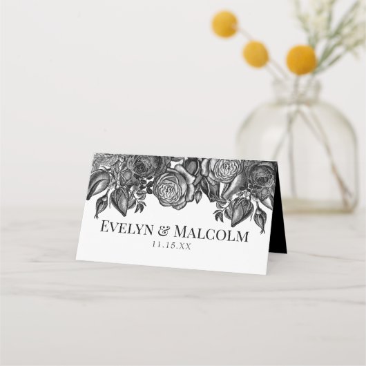 白と黒のバラのゴシック結婚ズ プレイスカード (裏面)
