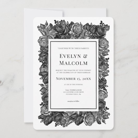 白と黒のバラのゴシック結婚ズ 招待状 (正面)