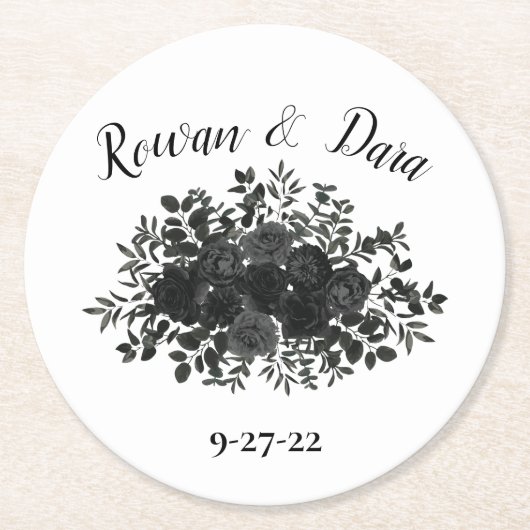白と黒のバラゴシッ結婚クのコースター ラウンドペーパーコースター (正面)