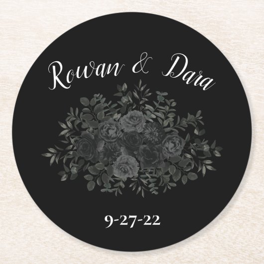 白と黒のバラゴシッ結婚クのコースター ラウンドペーパーコースター (正面)