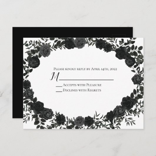 白と黒のバラ結婚ゴシックの返信カード ポストカード (正面/裏面)