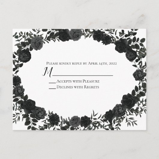 白と黒のバラ結婚ゴシックの返信カード ポストカード (正面)