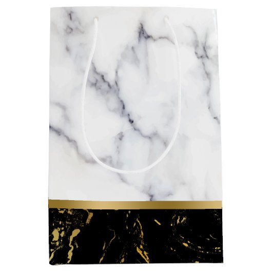 白と黒のフェイク大理石の組み合わせ ミディアムペーパーバッグ (正面)