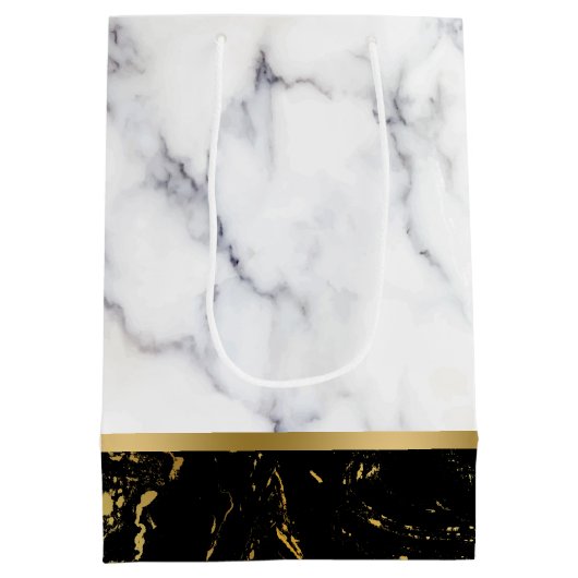 白と黒のフェイク大理石の組み合わせ ミディアムペーパーバッグ (裏面)