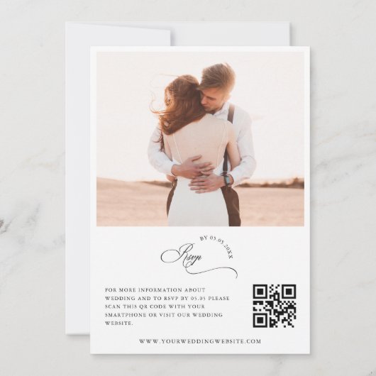白と黒のフォトスクリプトとQRコード結婚の 招待状 (裏面)