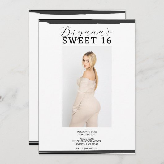 白と黒のフォトフレームトレンディーモダンスウィート16 招待状 (正面/裏面)