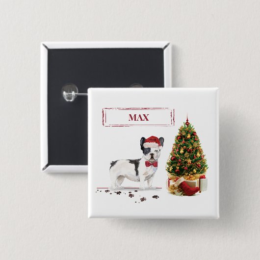 白と黒のフレンチブルドッグ クリスマス犬 缶バッジ (正面&裏面)