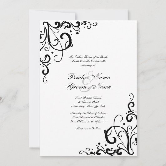 白と黒のフローシュ結婚式招待状 招待状 (正面)