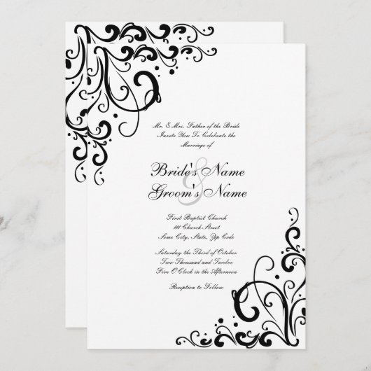 白と黒のフローシュ結婚式招待状 招待状 (正面/裏面)