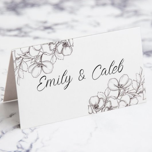 白と黒のフローララインアート折り畳み座席表 プレイスカード