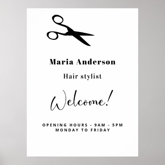 白と黒のヘアスタイリスト営業時間ようこそ ポスター (正面)