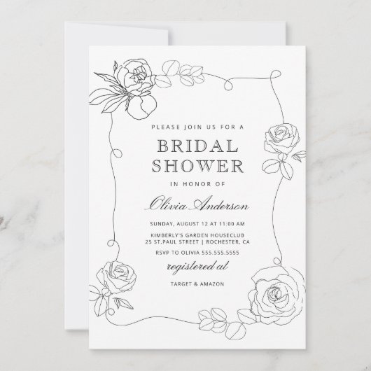 白と黒のモダンフローラ招待状 招待状 (正面)